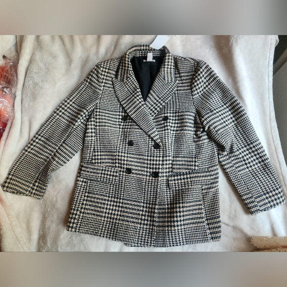 H&M Oversized Double-Breasted Plaid Blazer. Beige/black/white, Checked BNWT - Picture 6 of 16